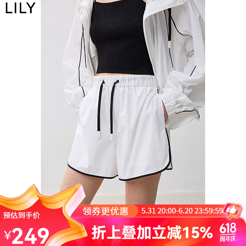 LILY2024夏休闲都市运动风基础款腰带可调节显瘦轻薄户外短裤 601白色 XL