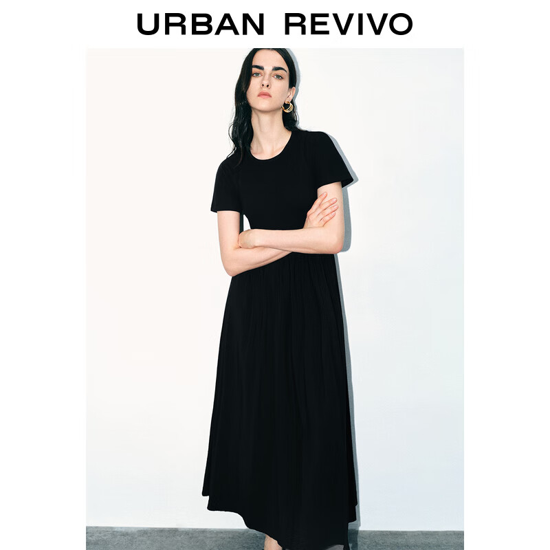 UR2024夏季女装法式赫本黑色中长款圆领连衣裙UWJ740044 正黑