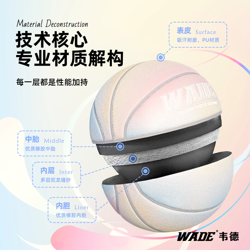 WADE街潮篮球系列7号室内外通用PU防滑吸湿男女通用渐变粉蓝色