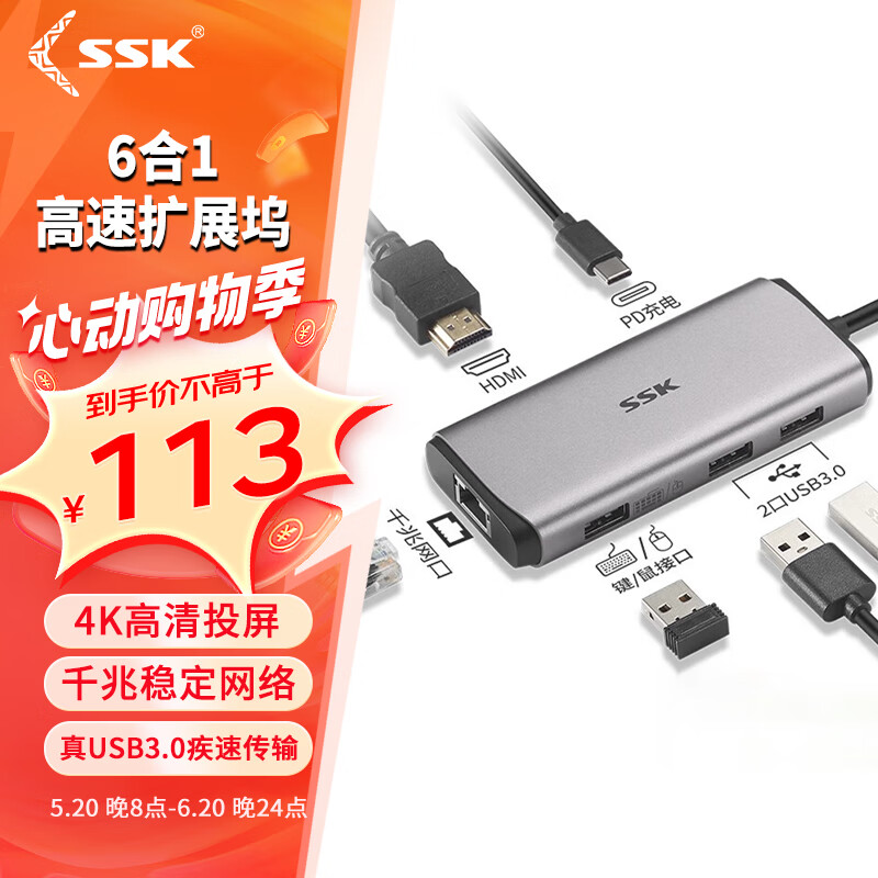 SSK飚王type-c扩展坞usb拓展坞电脑USB-C转HDMI转换器usb分线器 6合1 hdmi+PD+U3+U2+千兆sc112