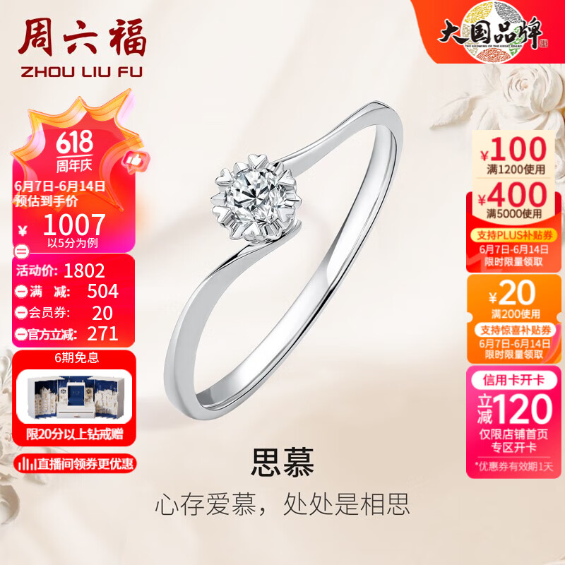周六福（ZLF）   18K金钻石戒指女璀璨闪耀克拉效果六爪结婚求婚钻戒 5分 11号