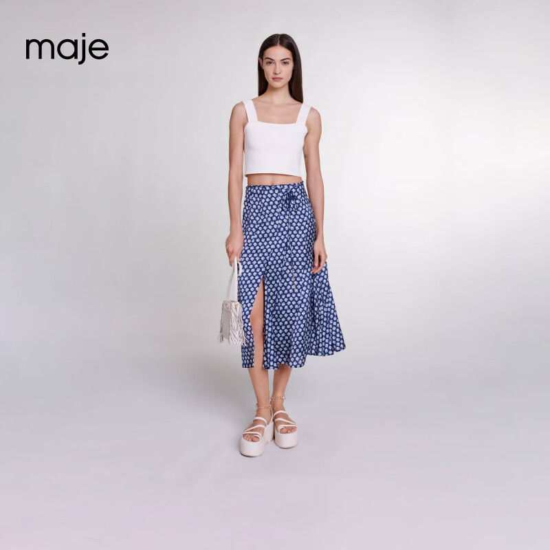 Maje2024春夏新款女装法式时尚开叉碎花蓝色半身裙长裙MFPJU01264 蓝色 T3