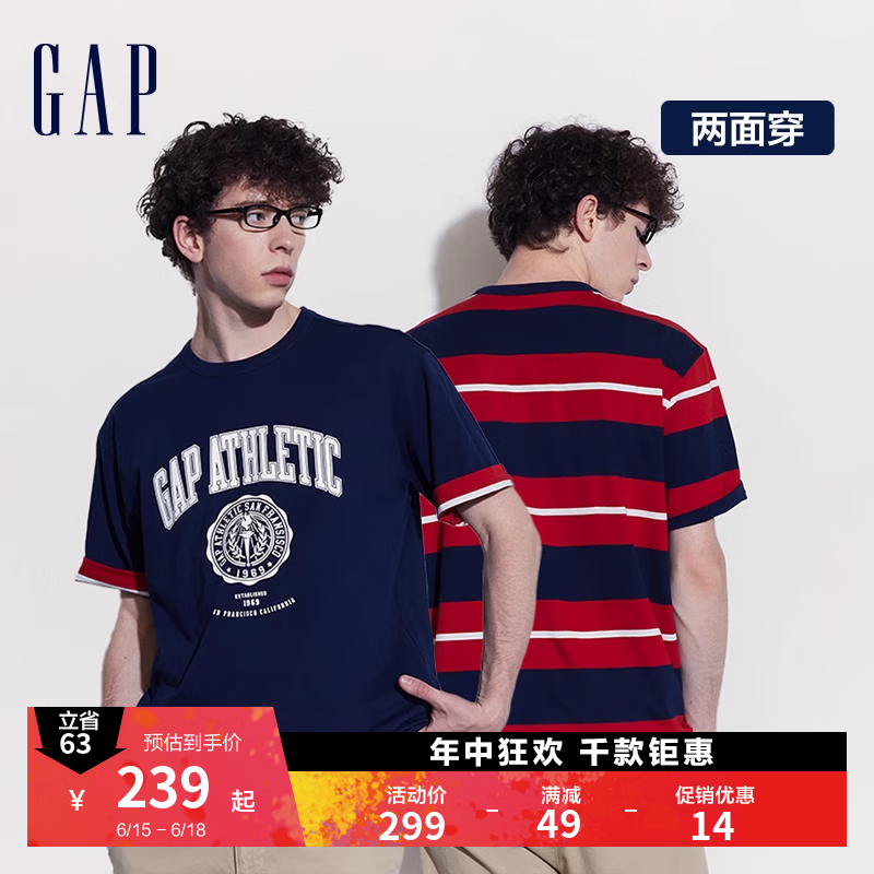 Gap男女装2024夏季纯棉撞色条纹双面穿短袖T恤宽松上衣465430 红蓝拼色 175/96A(L)亚洲尺码