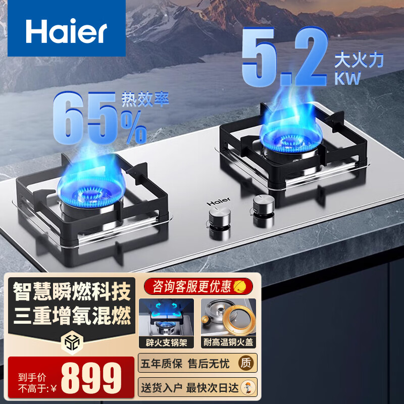 海尔（Haier）5.2kw不锈钢款天然气燃气灶家用双灶嵌入式猛火灶具台嵌两用一级能效煤气灶炉灶十大品牌