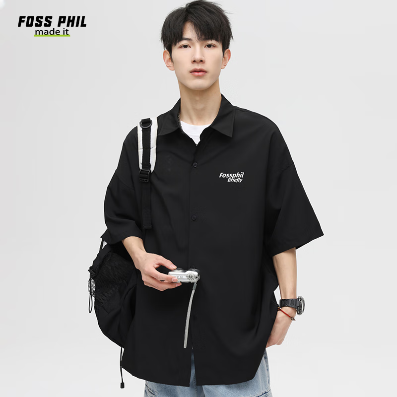 Foss Phil短袖衬衫男士夏季休闲百搭宽松舒适衬衣外套FPCS1黑色3XL 3XL（170-190斤）