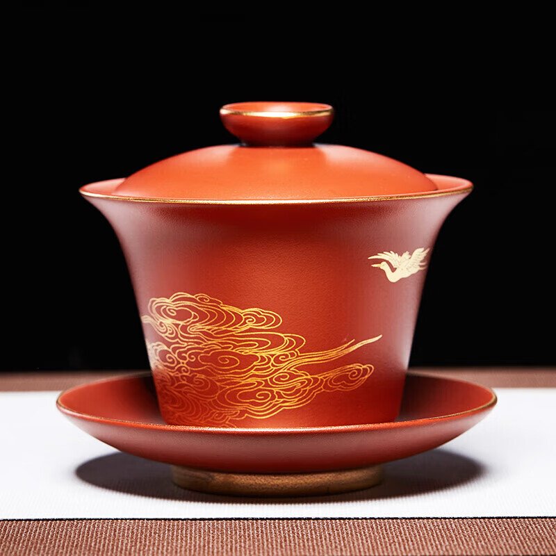 尊壶紫砂盖碗茶杯功夫茶具三才盖碗大红袍描金仙鹤 云中鹤盖碗150ml