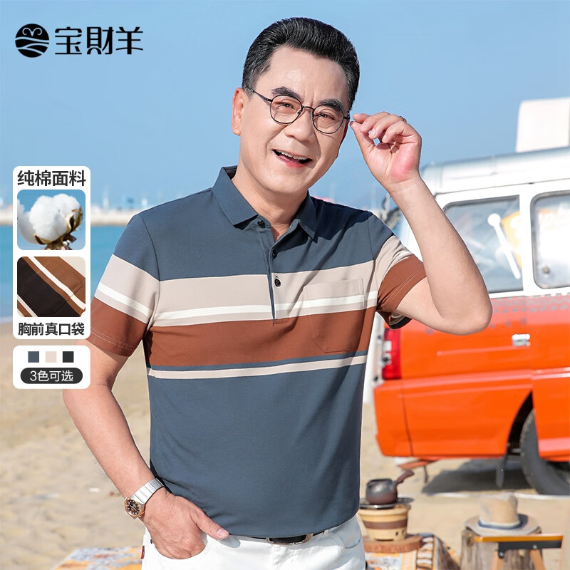 宝财羊爸爸夏装纯棉短袖t恤男高端宽松polo条纹衫中老年人上衣服半袖