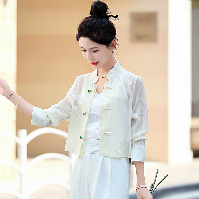 川朗新中式薄款防晒衣女2024夏季女装外套女小个子短款唐装上衣女 白色 XL（120斤-135斤）