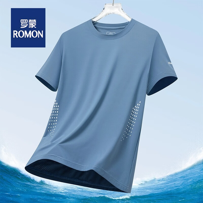 罗蒙(ROMON)夏季薄款短袖t恤男士圆领速干吸汗时尚休闲运动轻薄衣 雾霾蓝 L（95~115斤）