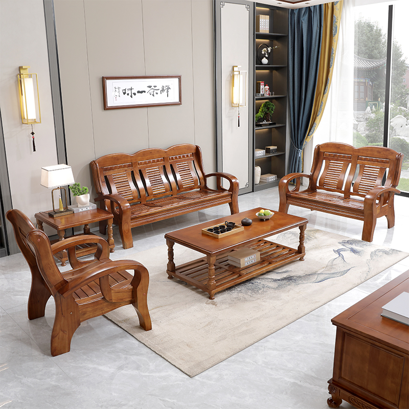 中酷 实木沙发组合老式木制客厅中式家具红椿木质春秋椅小户型木沙发 单人位+双人位+三人位+长几+方几