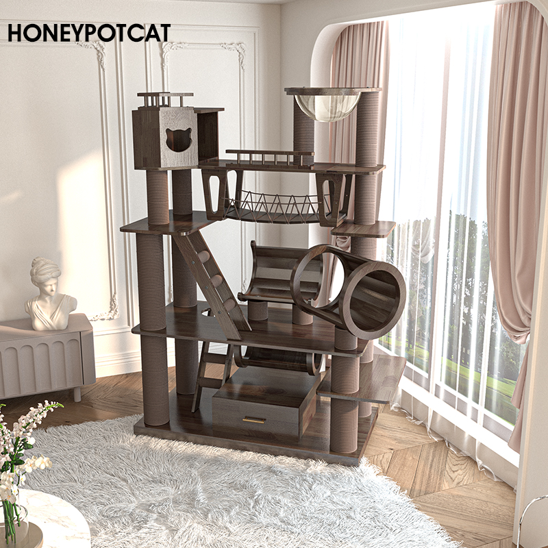 蜜罐猫 大型实木猫爬架猫窝猫树一体猫城堡漆面黑胡桃木色h210606