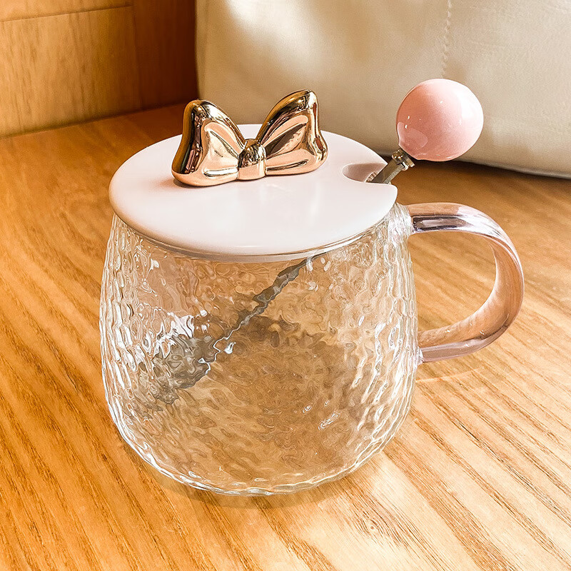 樽枫之家轻奢耐热玻璃杯带盖带勺高颜值马克杯可爱女生办公咖啡杯牛奶杯 锤纹杯-粉色