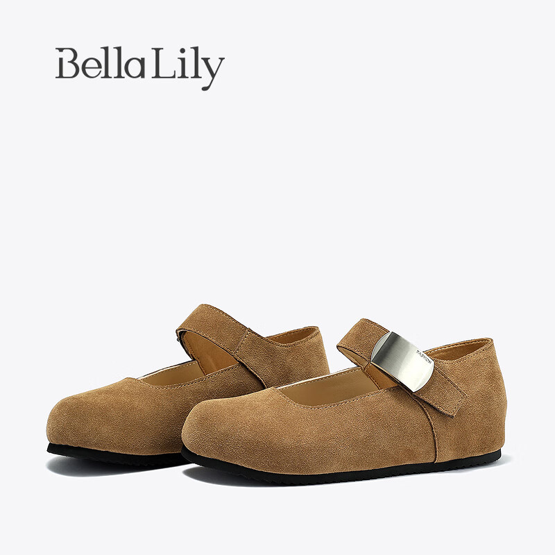 Bella Lily2024夏季复古魔术贴单鞋女磨砂玛丽珍鞋牛皮休闲鞋 土黄色 35