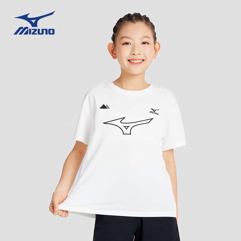 美津浓（MIZUNO）Mizuno儿童短袖T恤圆领套头2024春季男童女童透气舒适 白色 120cm(120cm) (身高115-125