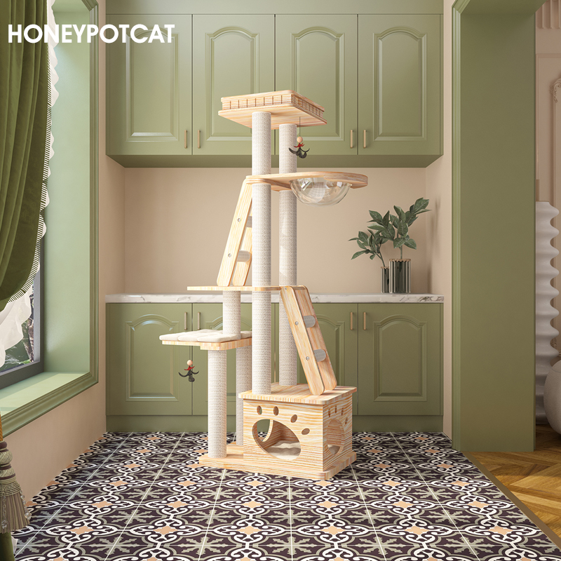 蜜罐猫爬架猫窝猫树一体实木松木猫架木质猫别墅 de180172