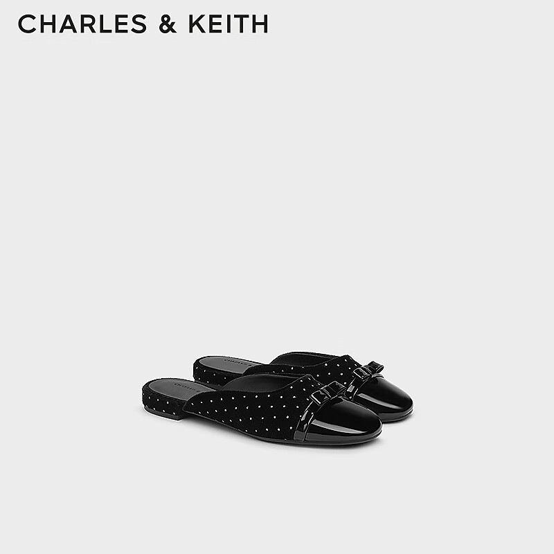 CHARLES&KEITH24秋季拼色蝴蝶结圆头平底一脚蹬穆勒拖鞋女CK1-70381057 BLACK TEXTURED黑色纹理 36