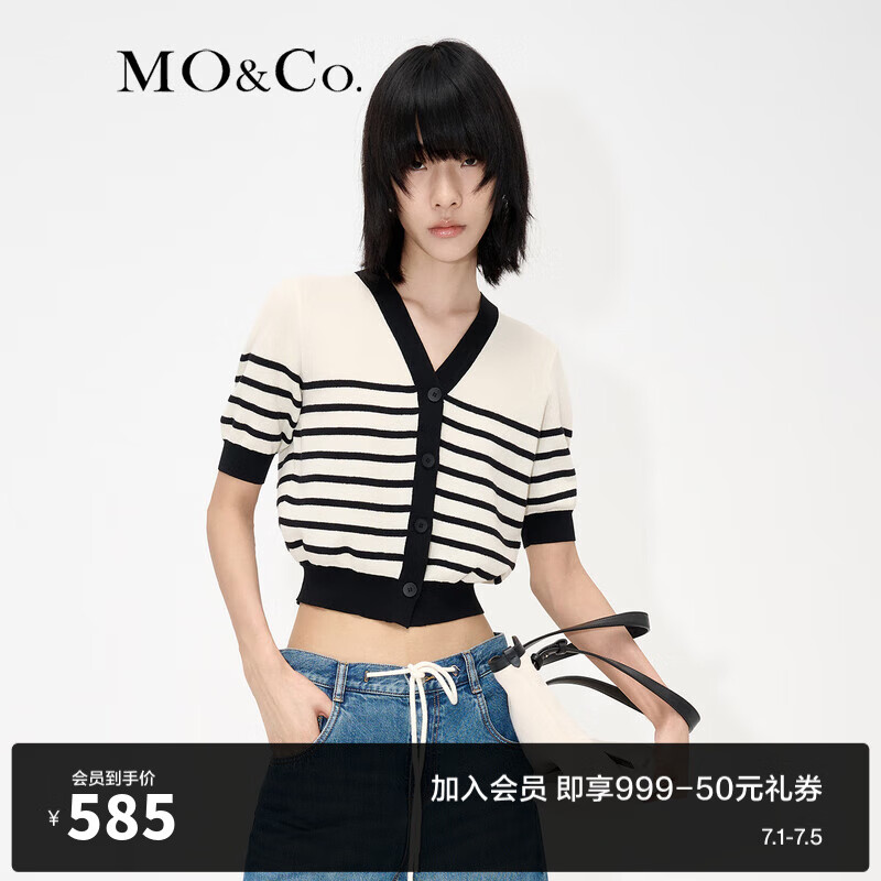 MO&Co.黑白条纹短V领法式设计感薄款显瘦针织衫开衫 白黑条色 L/170