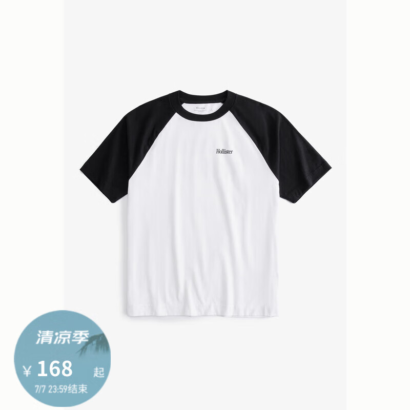HOLLISTER24夏美式撞色插肩短袖T恤 男女 KI323-4050 黑色拼白色 XXL (185/124A)
