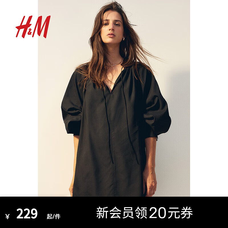 H&M2024年秋季女装大廓形系带连衣裙1241413 黑色 155/80