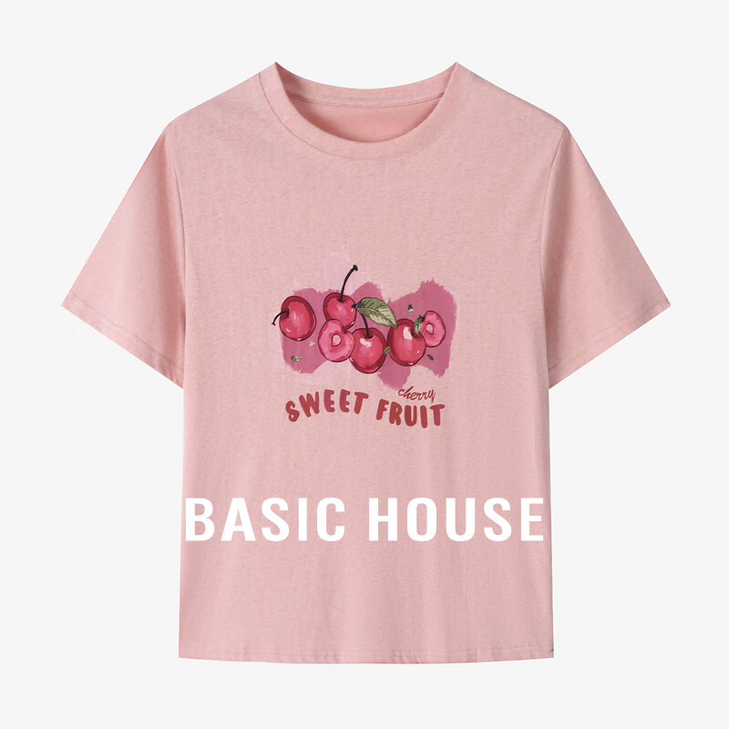 Basic House/百家好2024夏季印花圆领上衣时尚气质舒适百搭T恤 白