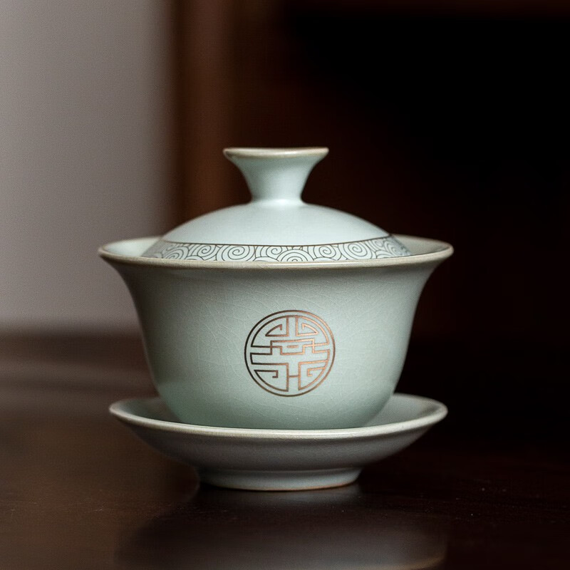 汝道 汝窑三才盖碗茶杯功夫茶单个陶瓷茶碗描金复古功夫茶泡茶碗大号天青汝瓷可养蝉翼开片 汝窑-加金福盖碗150ml