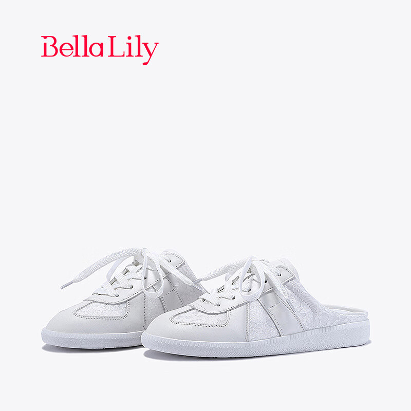 Bella Lily2024春季外穿半包拖鞋女蕾丝小白鞋无后跟德训鞋子 白色 38