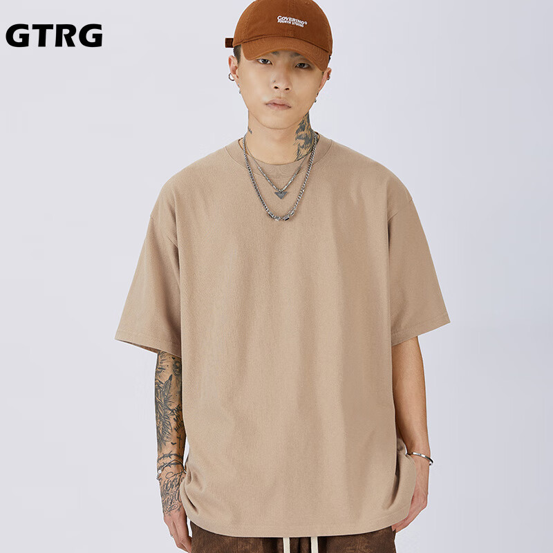GTRG夏季落肩款T袖简约重磅双支纯棉ins潮流痞帅日系地毯A 卡其色 XL