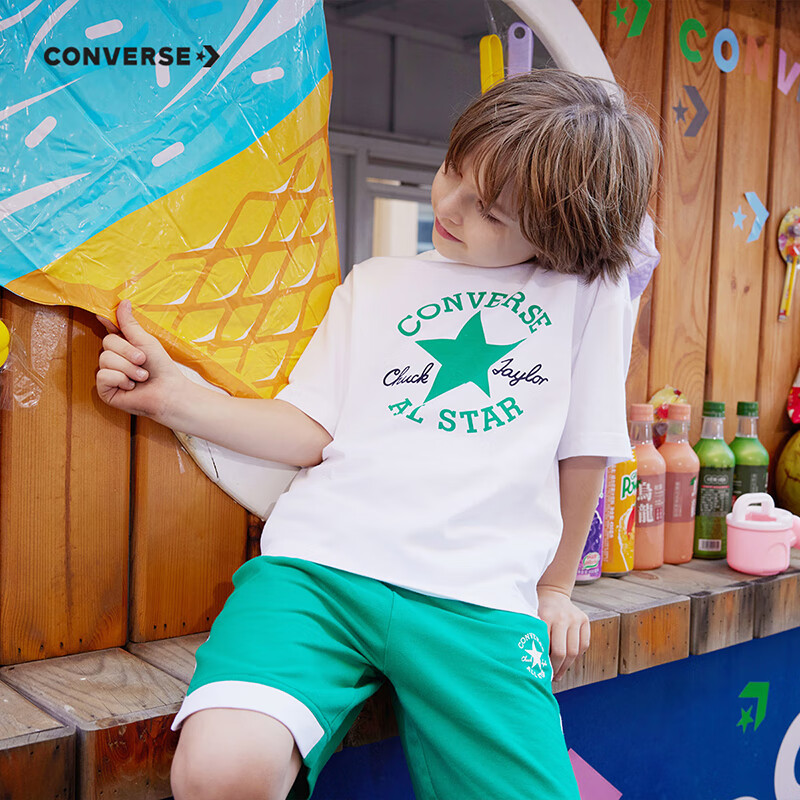                                                                                匡威（Converse）儿童套装男童T恤短袖短裤2024夏季薄款女童夏装中大童运动2件套 G139深薄荷 120/60（6）
