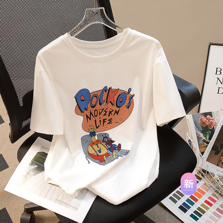 【慵懒风宽松T恤】2024夏装新女士圆领短袖遮肉卡通图案上衣
