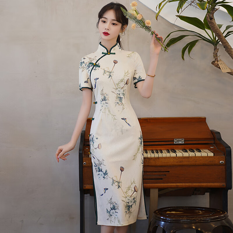 家隆名秀旗袍夏季 新中式复古改良旗袍连衣裙女收腰显瘦裙子 花色 M