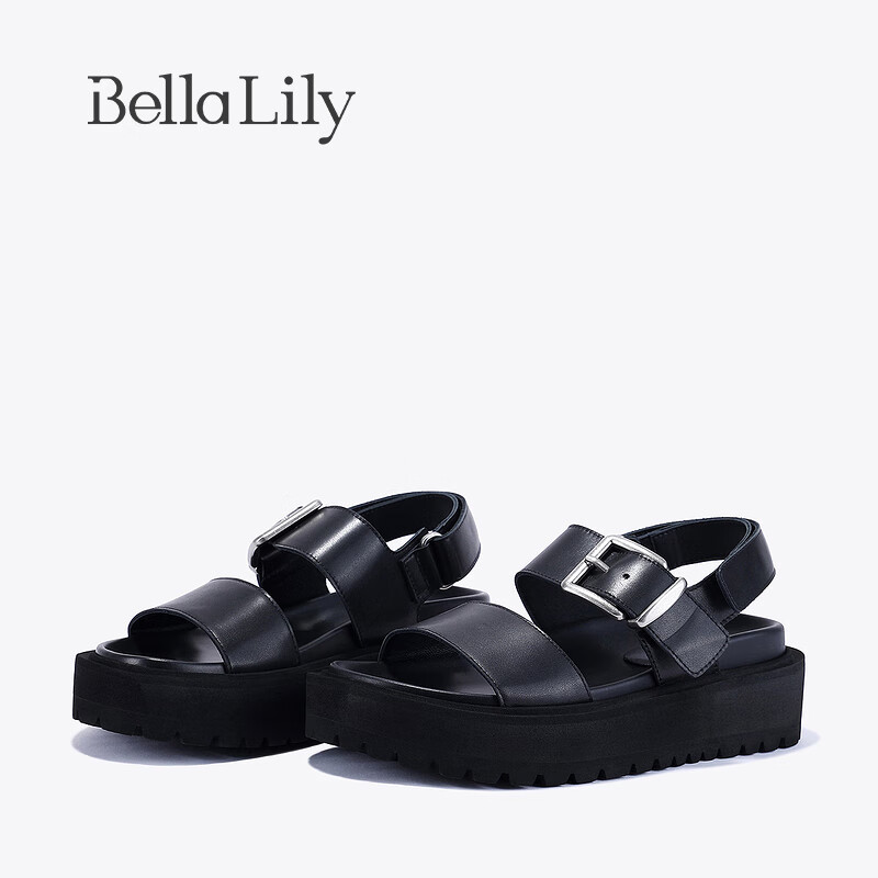 Bella Lily2024夏季小个子休闲凉鞋女厚底罗马鞋增高沙滩鞋子 黑色 35
