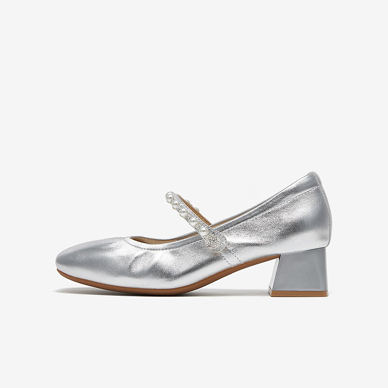 百思图维纳斯2024秋商场法式银色玛丽珍鞋粗跟单鞋A1619CQ4 银色 35