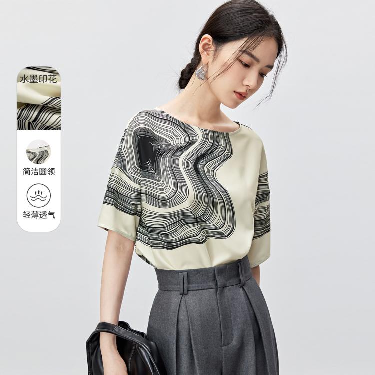 【国风水墨条纹雪纺衫】2024夏新中式圆领宽松衬衣五分袖轻薄上衣