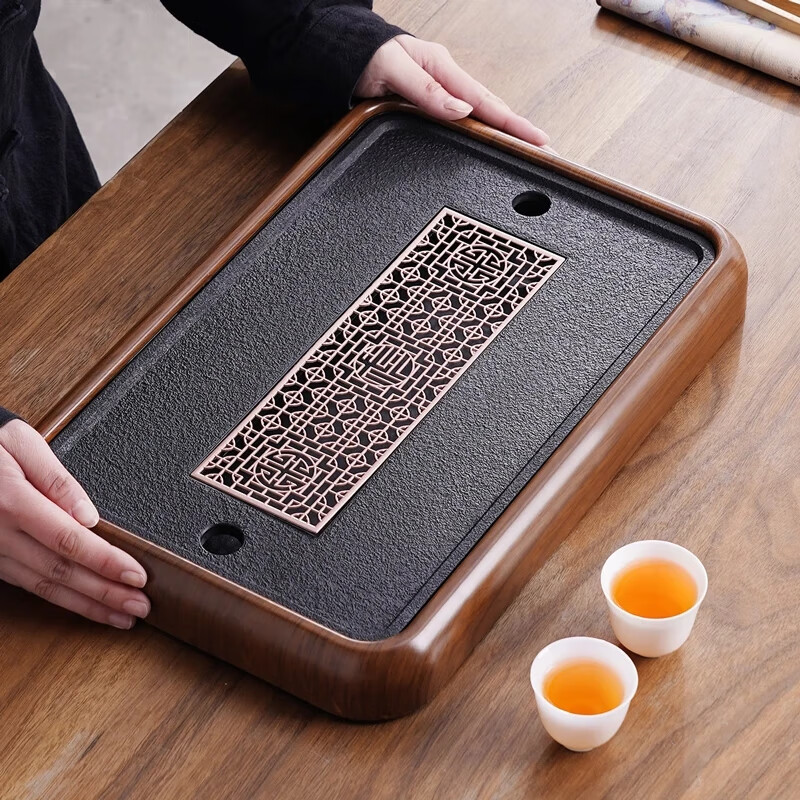 豪峰经典茶盘家用2024仿乌金石仿实木功夫茶具茶台排水储水单盘茶托盘 家用款 原木色新格茶盘 39*26cm