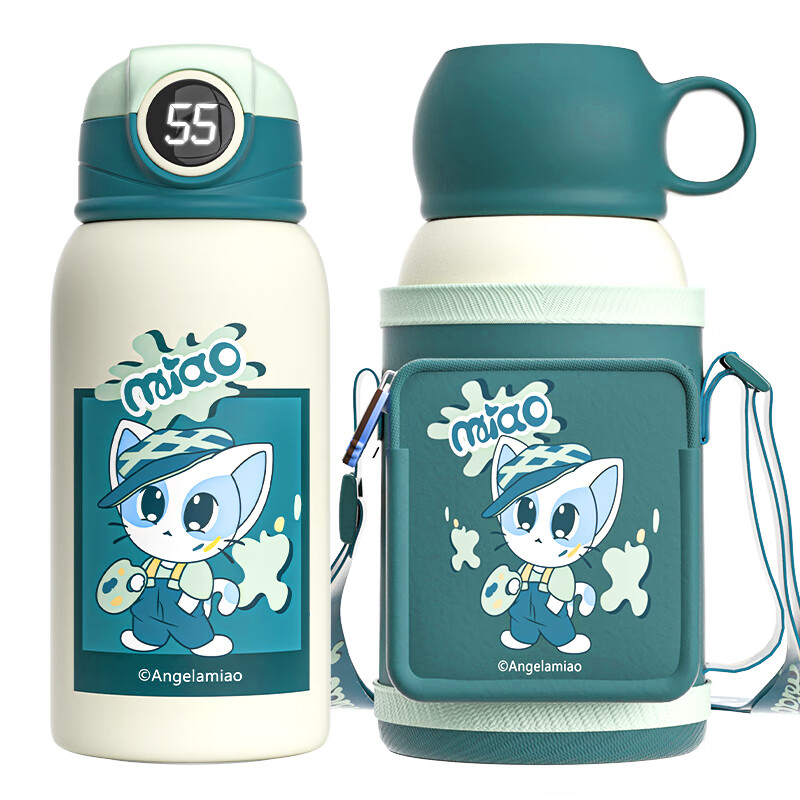 咪凹 ANGELAMIAO儿童保温杯智能显温杯女男吸管水杯子316不锈钢宝宝水壶550ML
