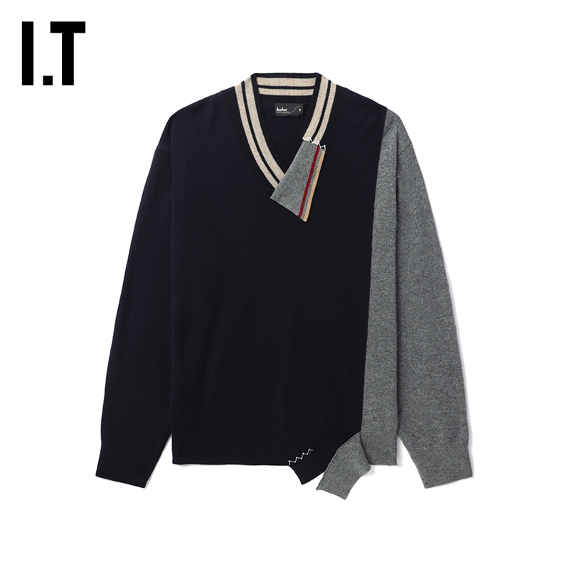 IT kolor男装V领针织衫复古学院风解构感拼接薄毛衣N01301ML