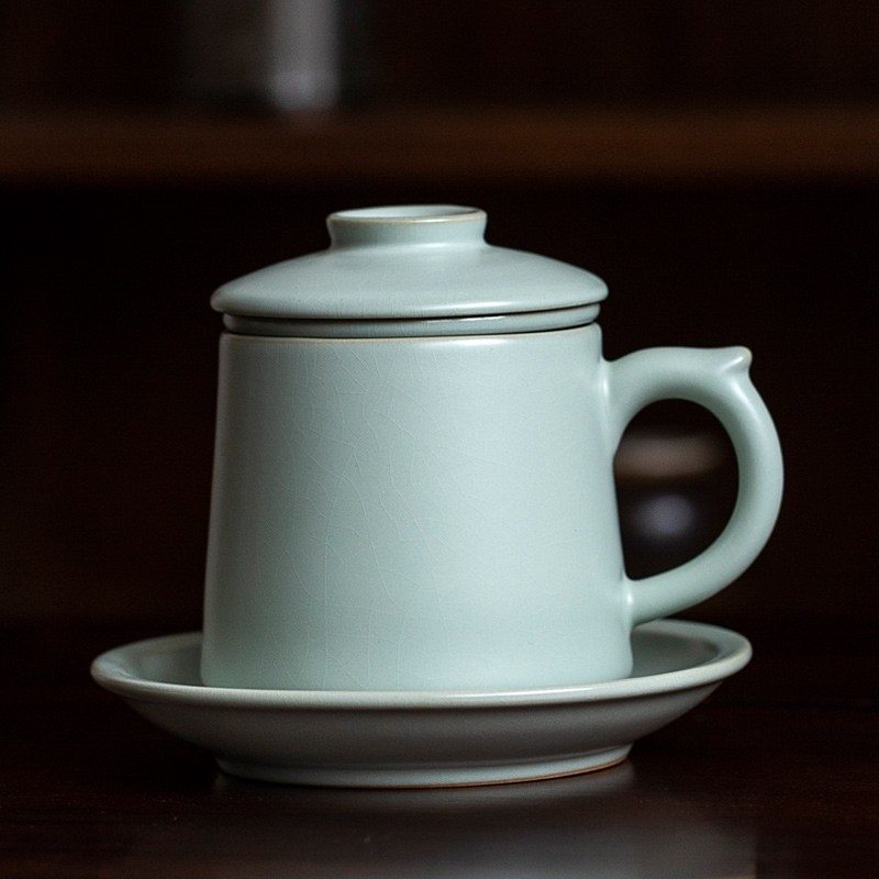 汝道 描金汝窑办公杯可养开片带过滤手柄陶瓷茶杯办公室泡茶杯茶水分离杯个人杯礼盒装 汝窑龙雀杯四件套450ml
