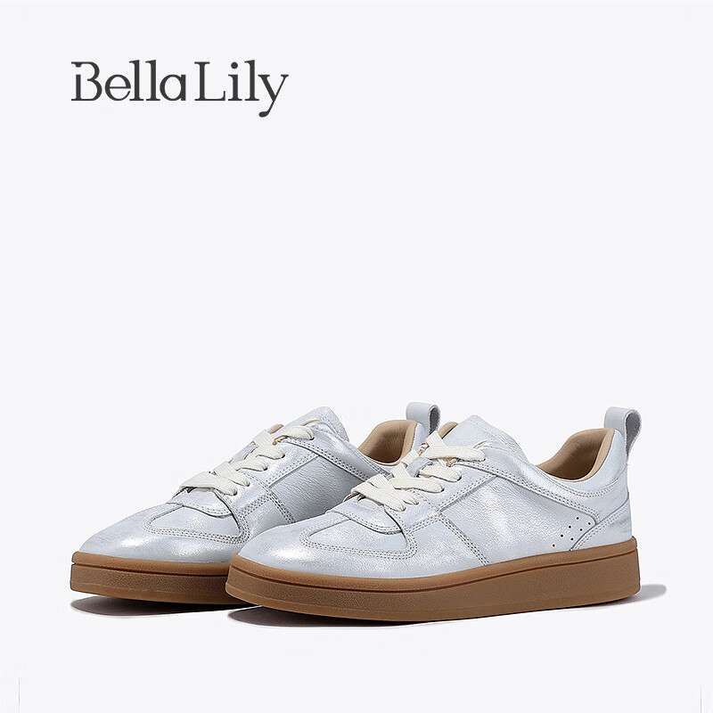 Bella Lily2024夏季牛皮减龄德训鞋女真皮时尚休闲鞋透气板鞋 银色 35