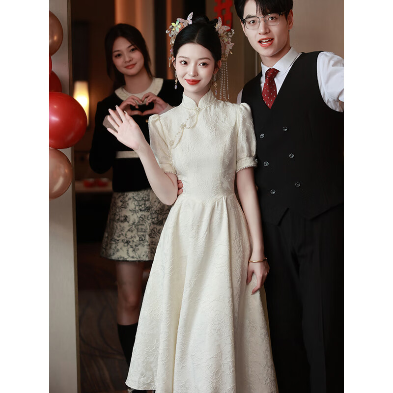 麦斯贝思白色旗袍订婚衣服连衣裙平时可穿领证登记礼服女宴会晚礼服小个子 白色 M 96-105斤