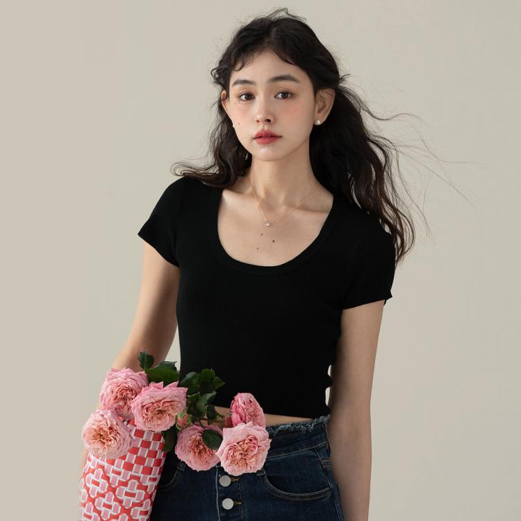 【时尚夏季】短袖t恤女短款打底针织衫显瘦高级天丝上衣夏季女装