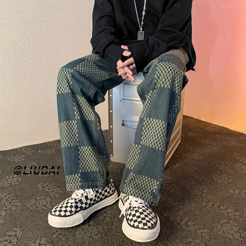 至唯格子直筒牛仔裤男夏季美式vibe痞帅休闲长裤春秋潮牌宽松阔腿裤子