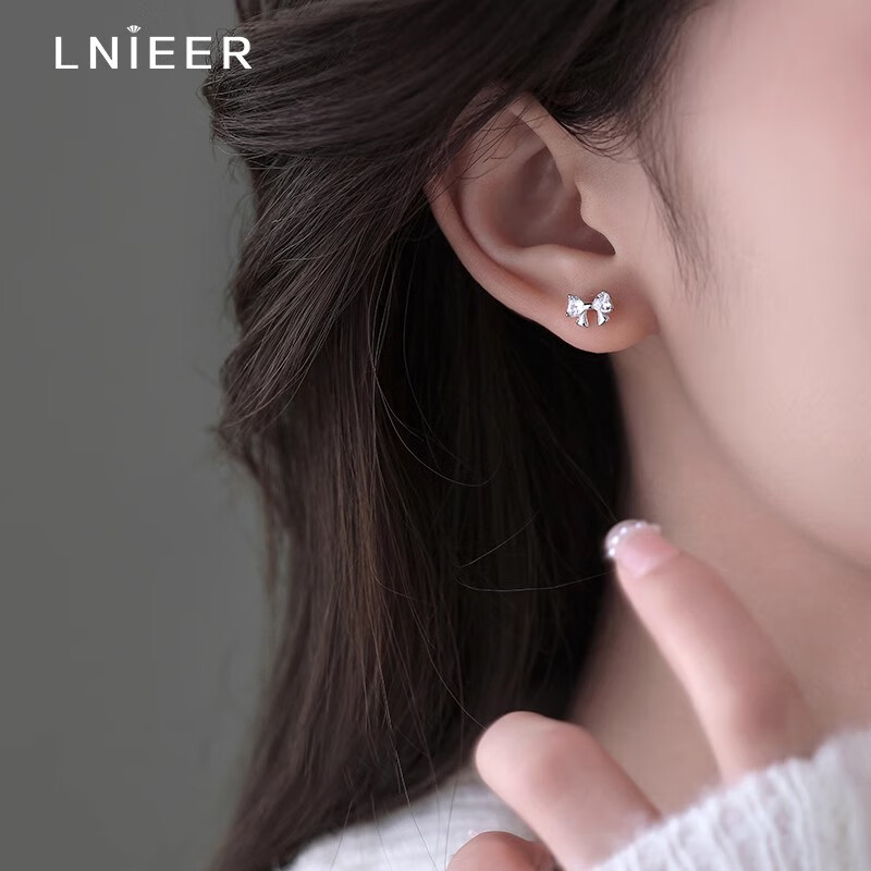 Lnieer999足银锆石蝴蝶结耳钉女轻奢气质高级感耳环2024年耳饰 锆石蝴蝶结耳钉【999银】