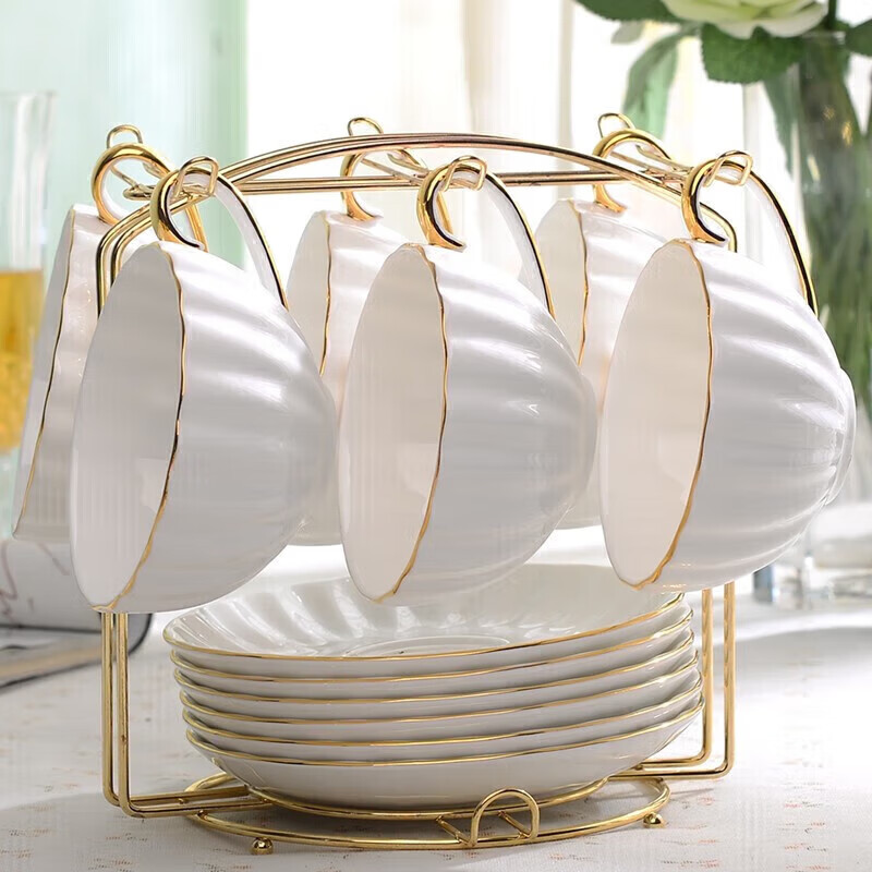 友来福咖啡杯套装 北欧式简约轻奢办公室骨质陶瓷南瓜6杯碟 欧式南瓜杯6杯碟礼盒装