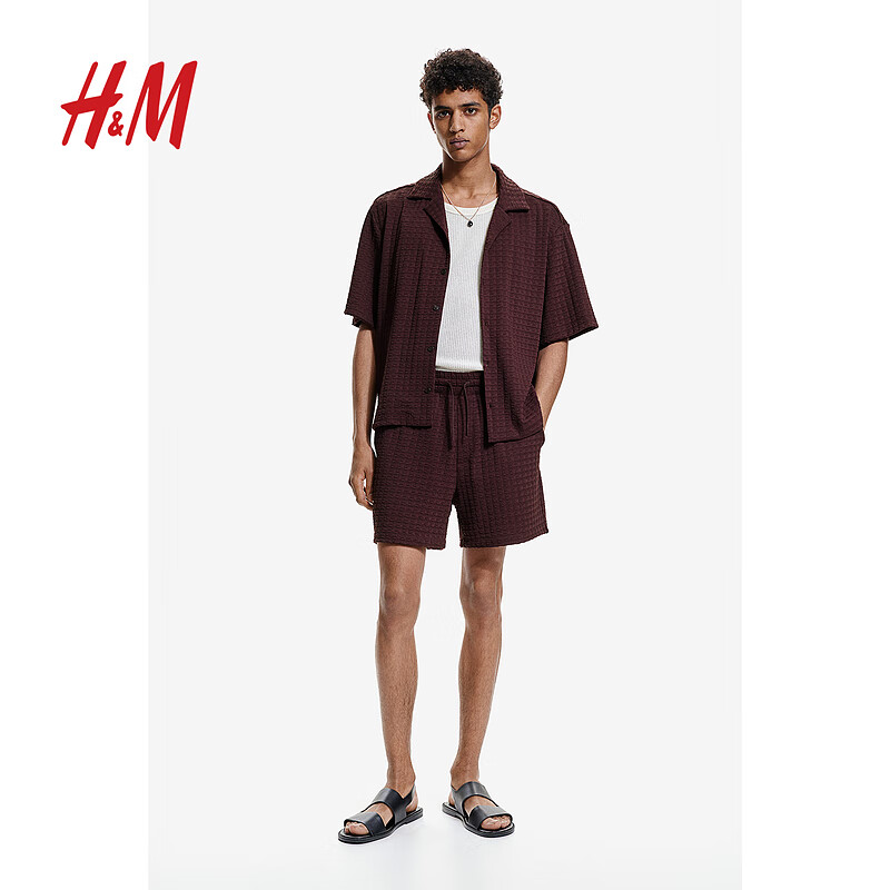 H&M2024夏季男装宽松版型纹理感古巴领衬衫1249113 梅紫色 165/84