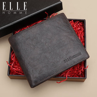 ELLE HOMME男士短款钱包 头层牛皮多功能票夹 时尚横款两折钱夹礼盒装ED282303720啡色   