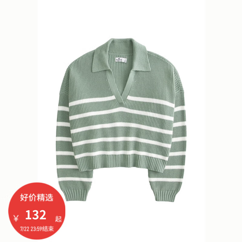 HOLLISTER秋季短款V领开领撞色条纹套头针织衫毛衣 女 355978-1 绿色条纹 XXS(160/80A)
