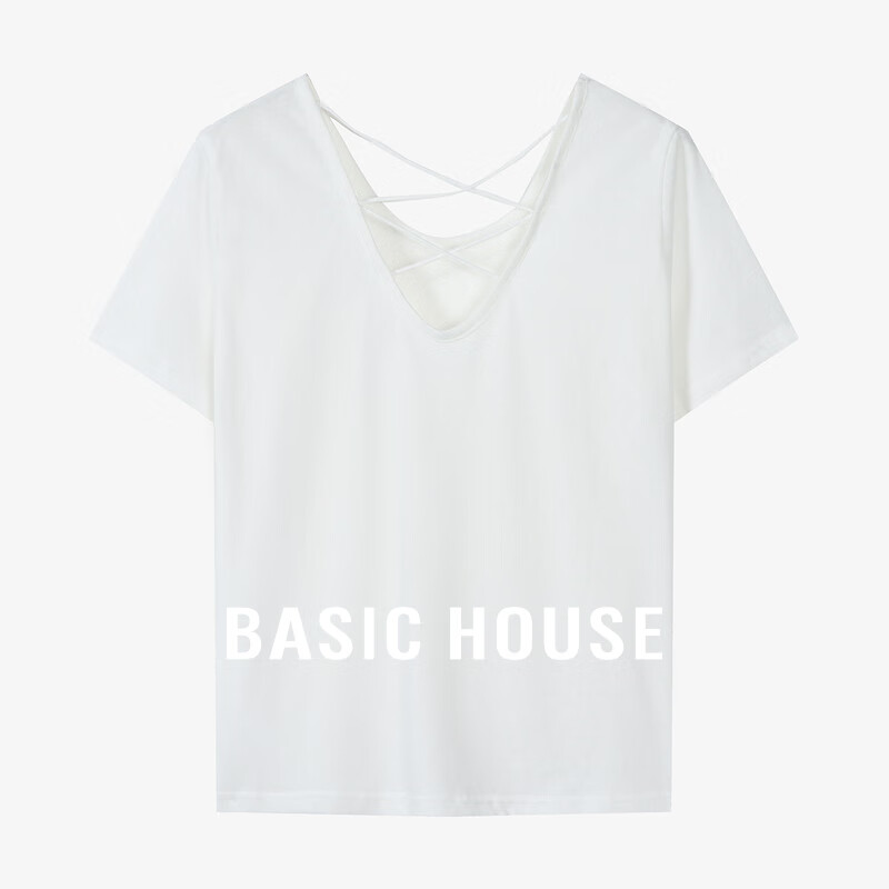 Basic House/百家好韩版交叉V领T恤夏季设计感宽松短款白色上衣女 黑色 M