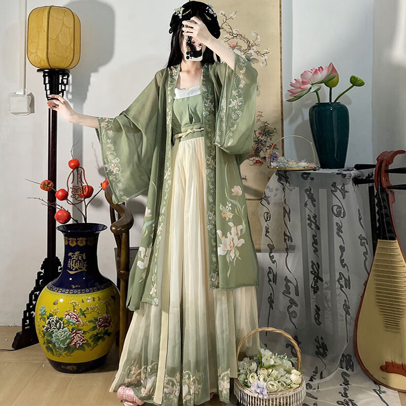 督型（DUXING）百里茗卿原创绿箩汉服成人女宋制印花长干寺齐腰百褶裙日常马面裙 全套(褙子+吊带+百褶裙) M