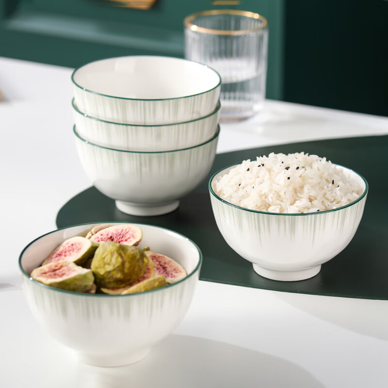 传旗釉下彩陶瓷饭碗4.5英寸6只装米饭碗汤碗大碗陶瓷餐具套装年货节乔迁换新餐具时光绿