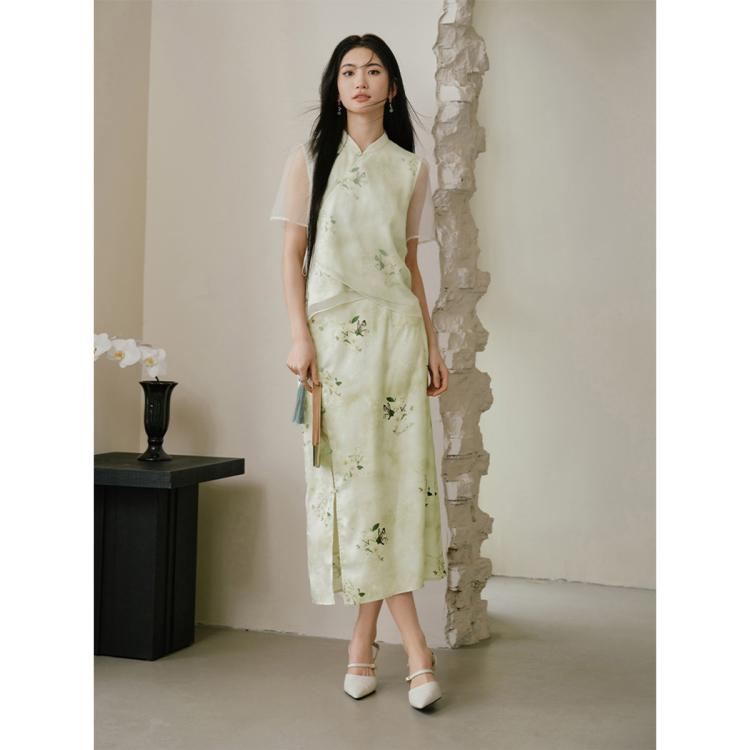 2024夏季女装新中式国风IP款弗里达印花开叉中长半身裙